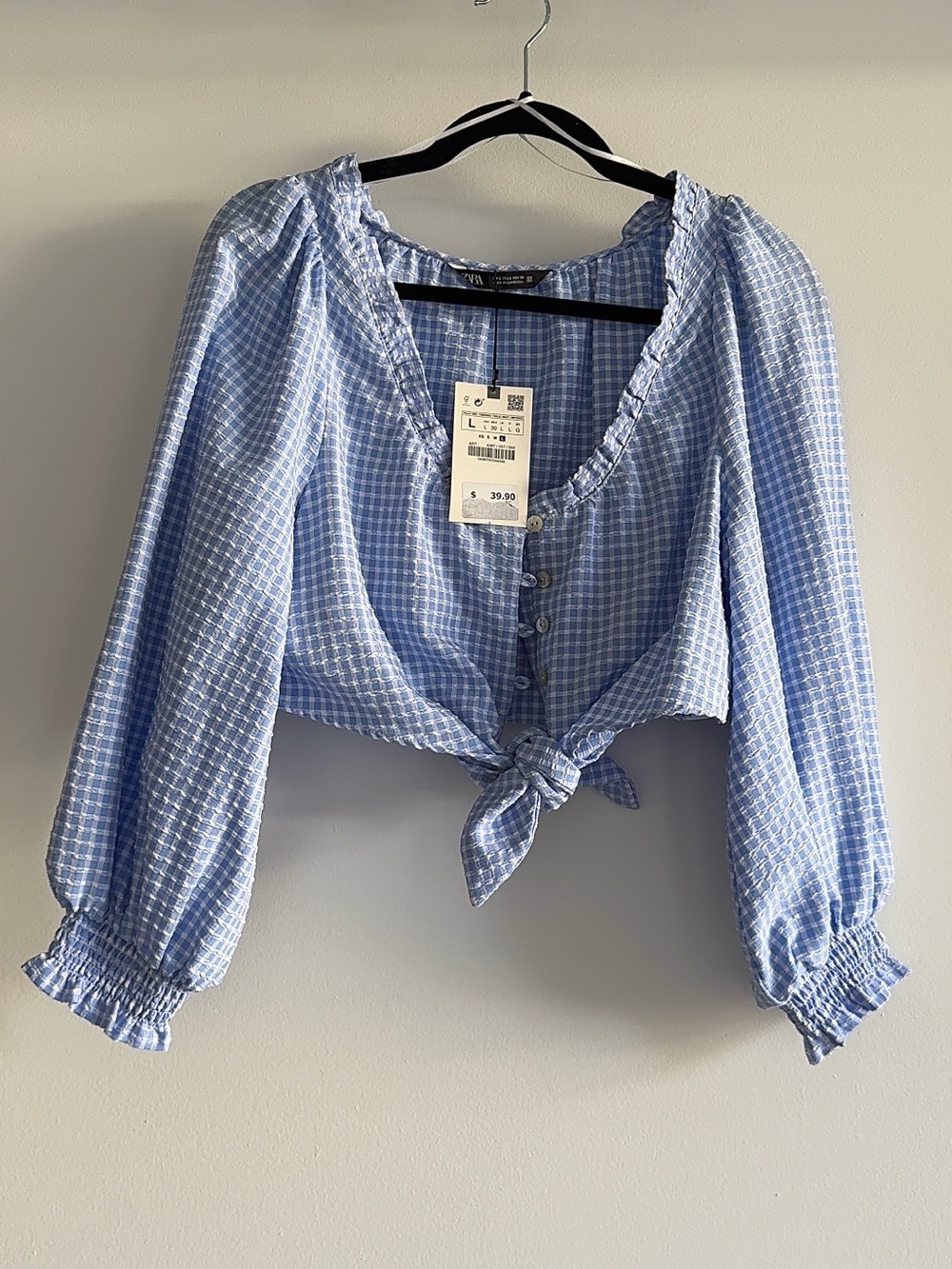 Zara Light Blue Gingham Tie-Front Crop Top